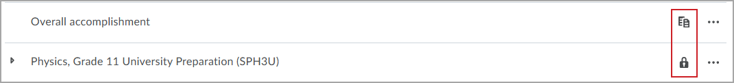 Course outcomes list showing copy and lock icons beside outcomes