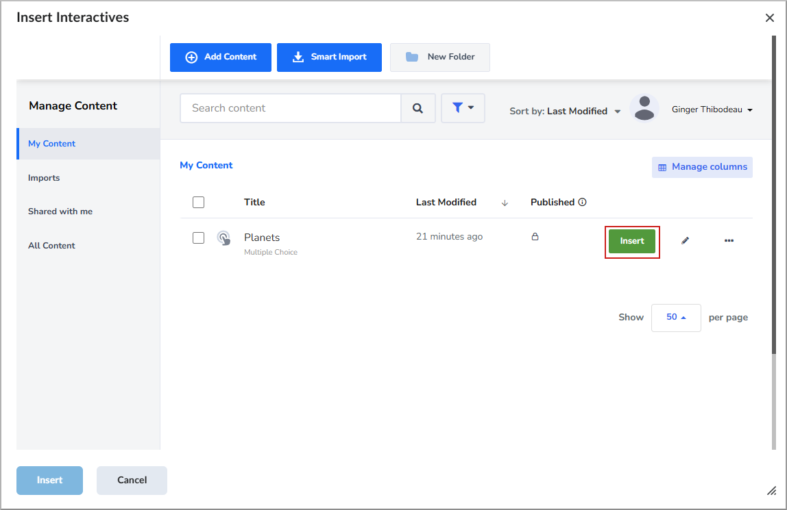Insert Interactives dialog with Insert highlighted.