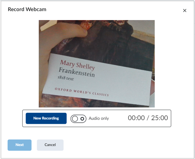 The Record Webcam dialog with the New Recording and Audio only options.