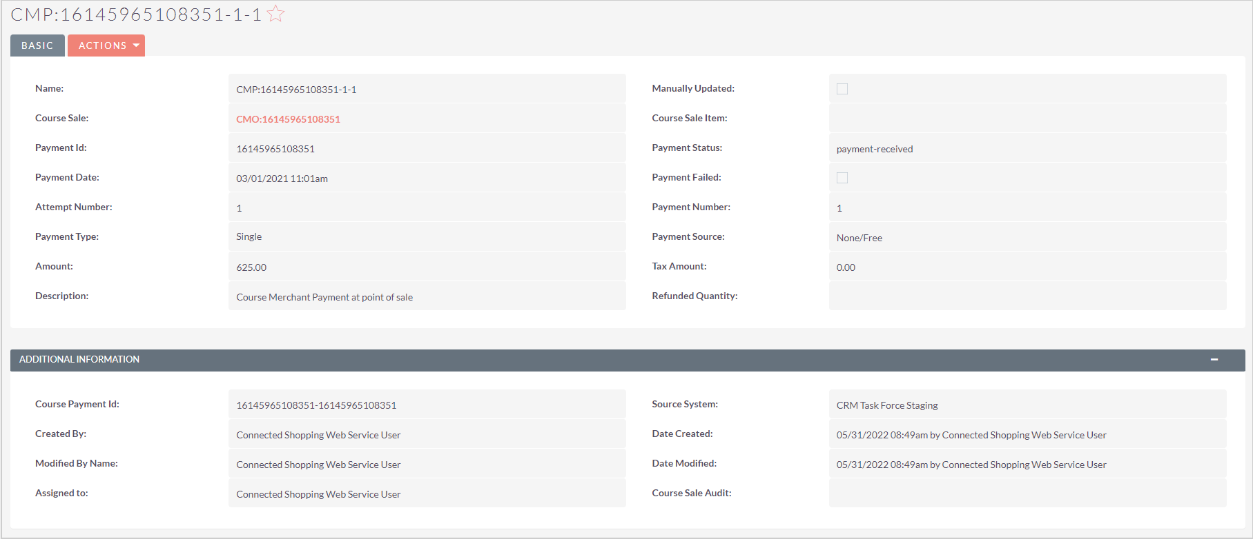 An example of a record for a Course Sale Payment showing numerous data fields