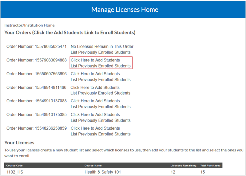 Manage Licenses homepage