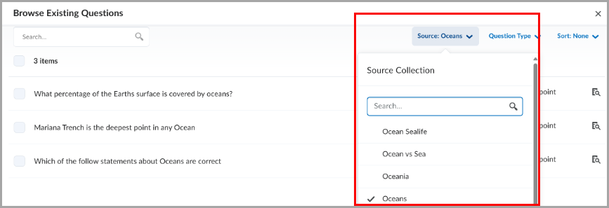 The updated source selector with a search bar highlighted in Question Library.