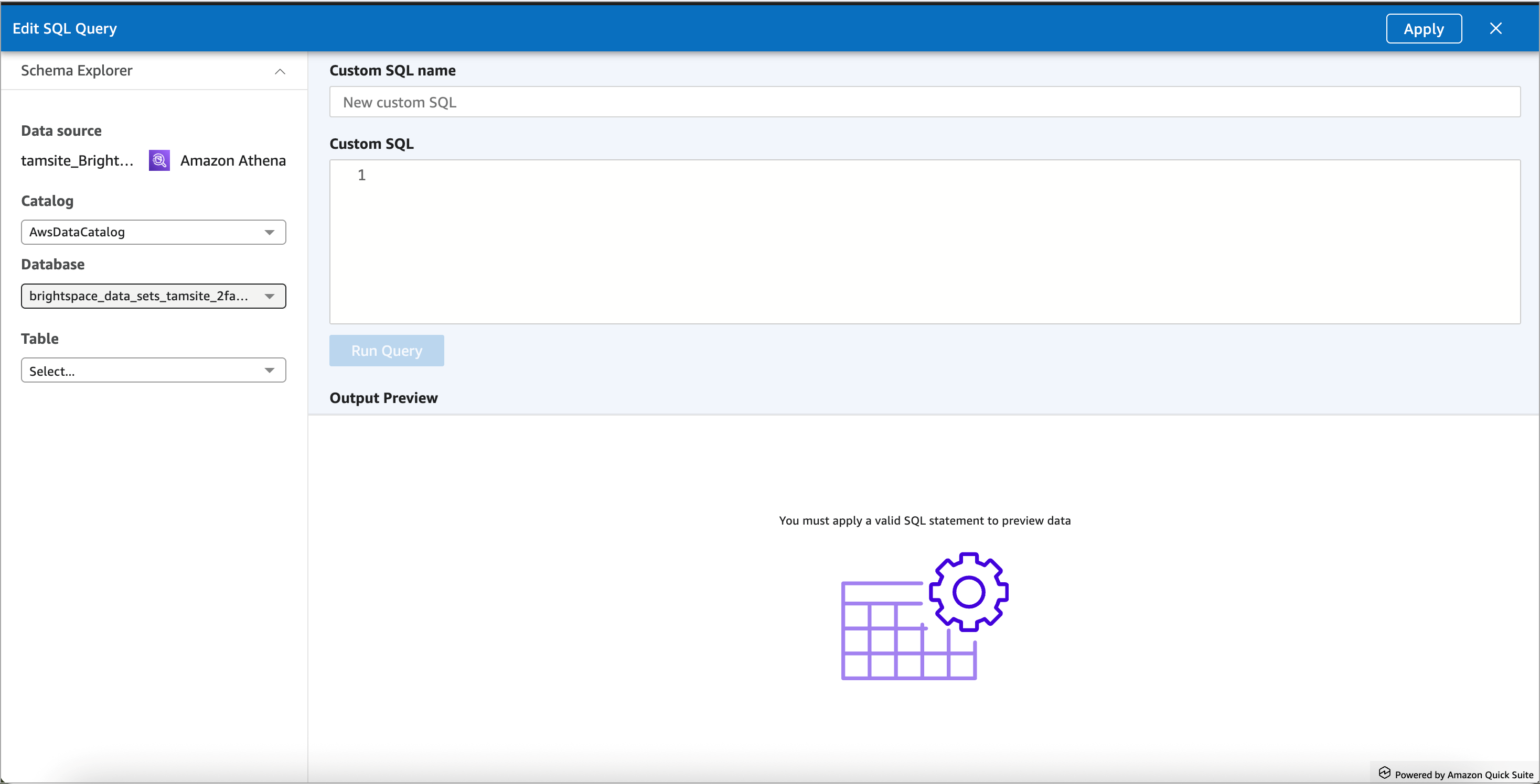 The Edit SQL query for Analytics Builder Data Prep, with fields for Custom SQL Name and Custom SQL, and an Output Preview below.