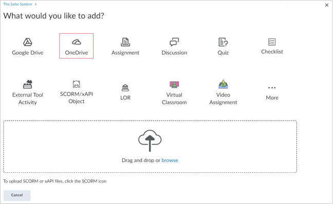 A página O que você gostaria de adicionar? com o OneDrive destacado.