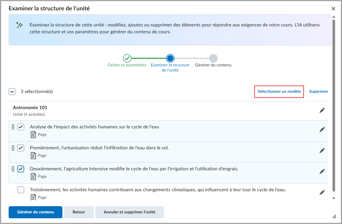 Page Examiner la structure de l’unité avec Sélectionner le modèle en surbrillance.