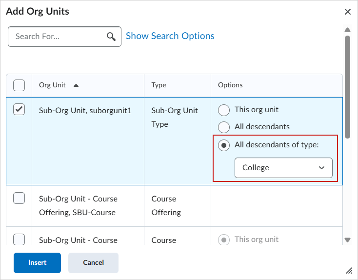 The Add Org Units dialog.