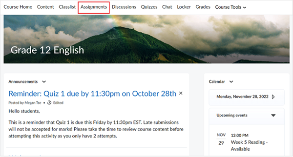 The Assignments tool in the Course Homepage