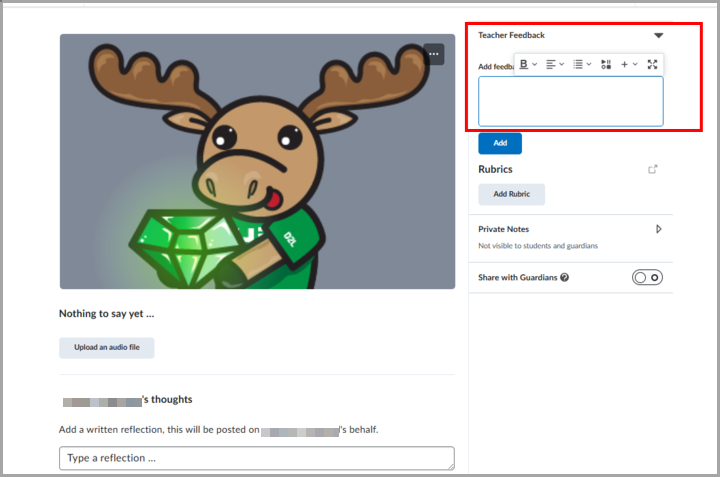 Painel de feedback do Portfólio com um editor de texto WYSIWYG.