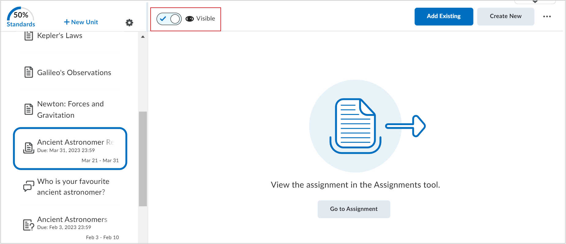 The table of contents pane showing a selected assignment. The visibility toggle is highlighted and showing the Visible state.