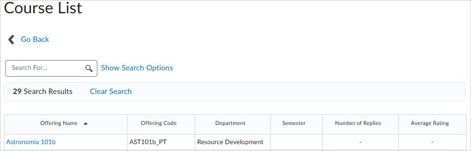 La page Liste des cours de l’outil Rétroaction du contenu du cours.