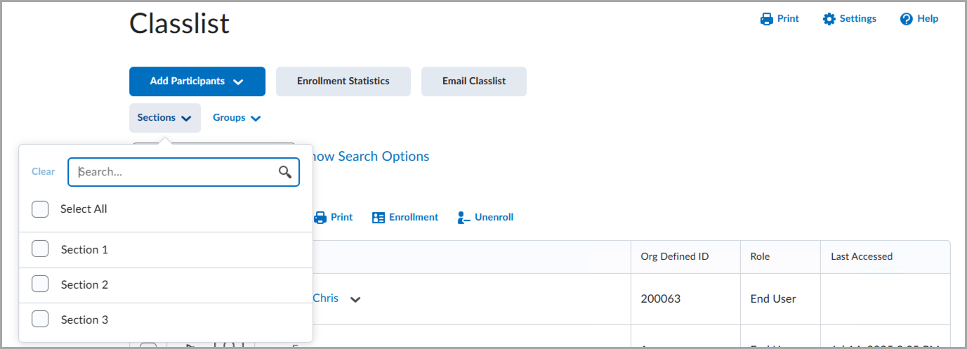 Classlist page with the Sections filter expanded, showing a searchable list of sections with checkboxes and options to select or clear selections.