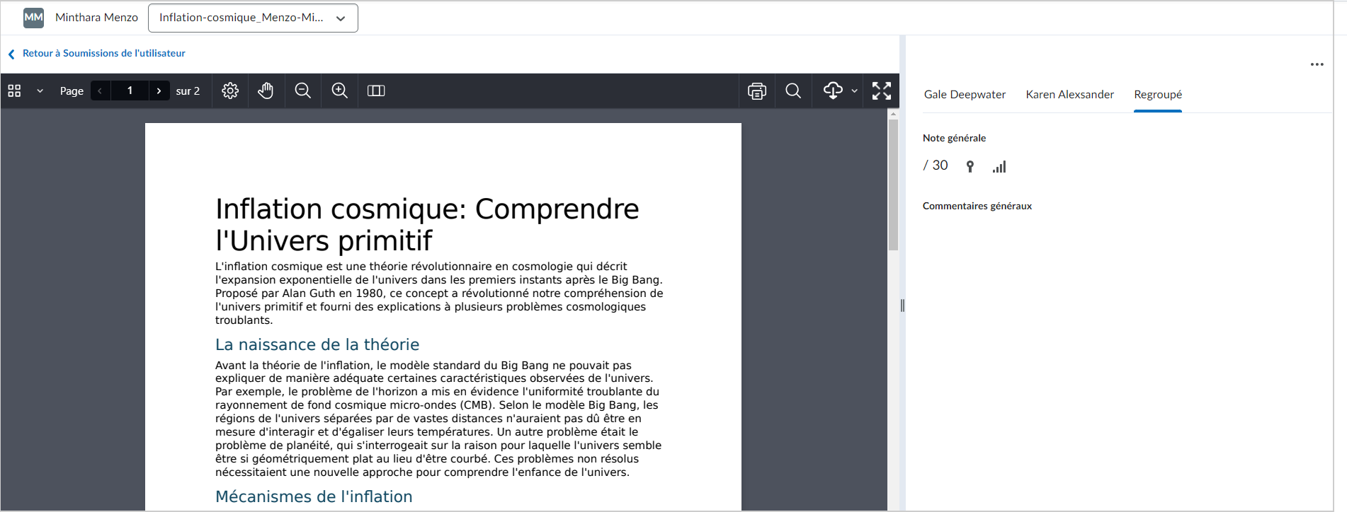 Interface d'évaluation montrant une soumission. La soumission comprend un fichier image et un commentaire. L'interface affiche la rubrique, la note globale (10/10) et la section de rétroaction générale. L'onglet Regroupé est sélectionné, ce qui indique les évaluations de plusieurs évaluateurs. Les options comprennent le téléchargement de tous les fichiers