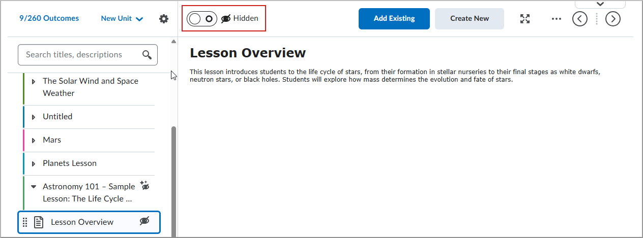 A hidden unit with the visibility toggle available.