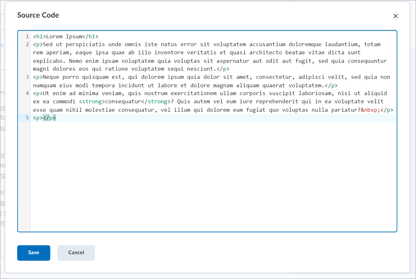 The Source Editor View for Brightspace Editor.