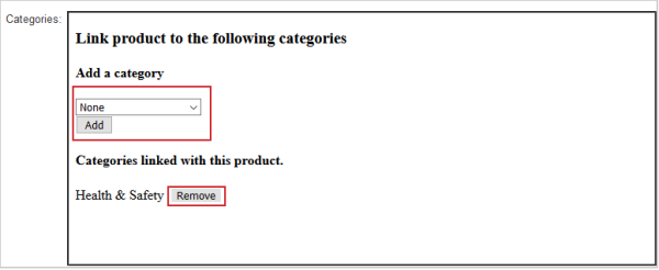 Os botões Adicionar e Remover para vincular produtos a cursos