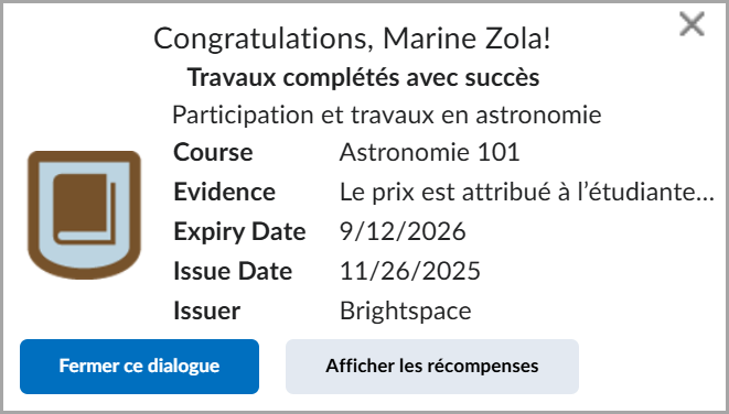 Écran de notification d’obtention d’une récompense.