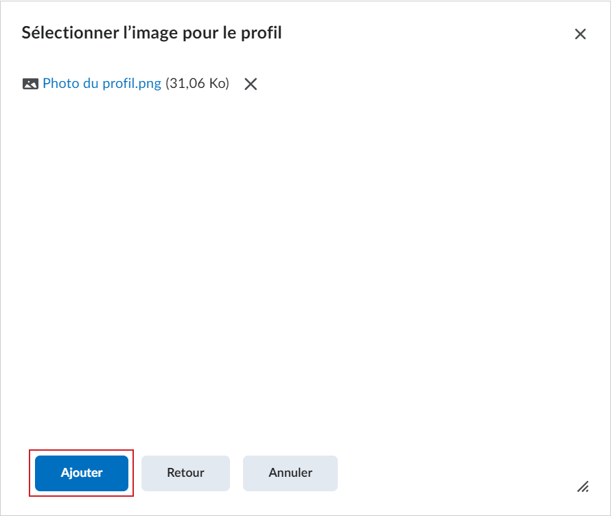 Le bouton Ajouter pour confirmer l'ajout de la photo de profil téléversée.