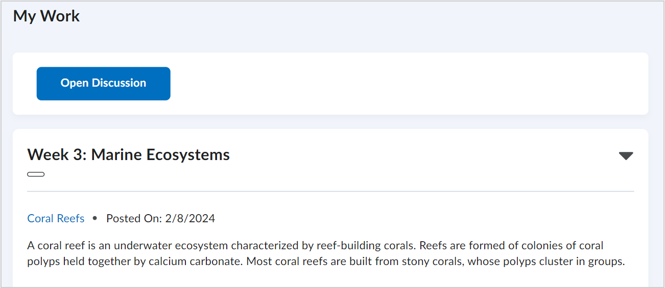 Het gedeelte Mijn werk in Inhoud. De knop Discussie openen verschijnt boven het discussiebericht van de gebruiker.