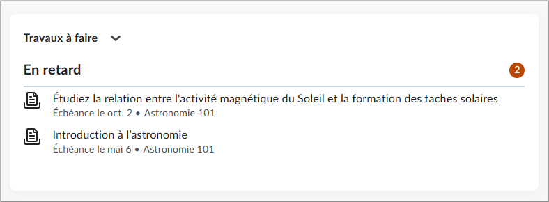 Le composant graphique Tâches, qui affiche une icône de suppression à côté d'une activité en retard.