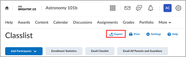 La nueva opción Exportar listado de alumnos en la página Listado de alumnos.