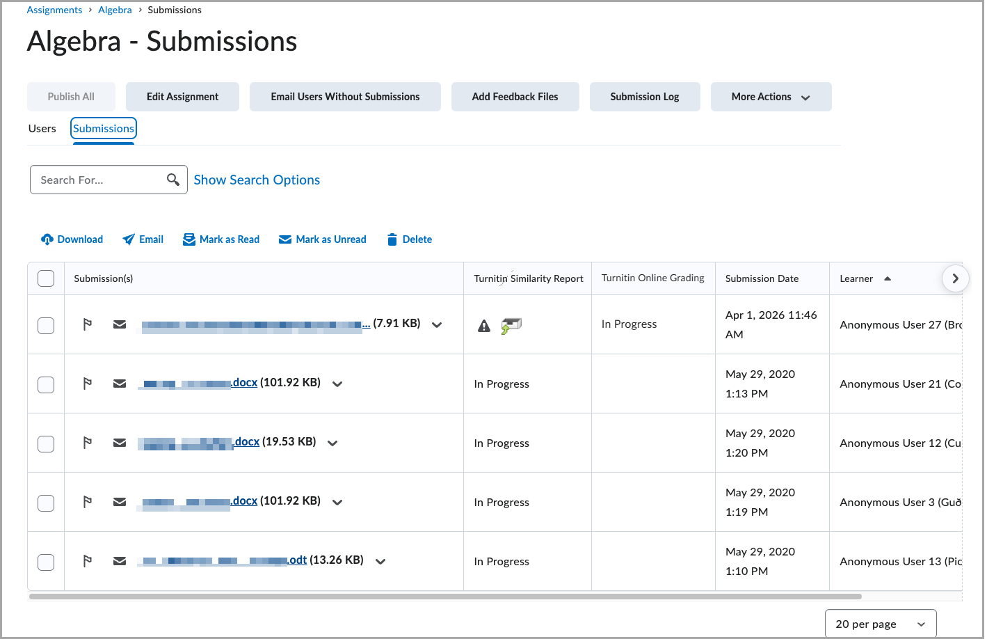 The submissions page before the update showing a table of student file submissions, Turnitin status, submission dates, and learner names, with search and action buttons above.