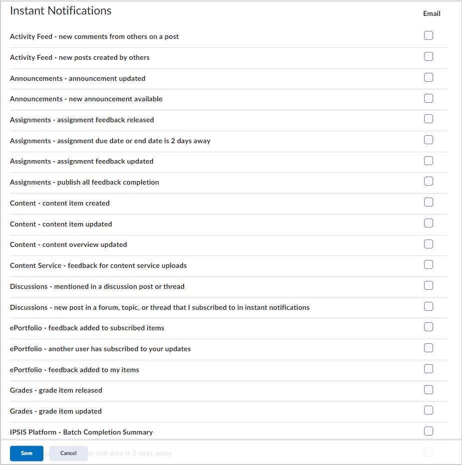 La sección Notificaciones instantáneas que muestra las opciones de notificaciones del correo electrónico