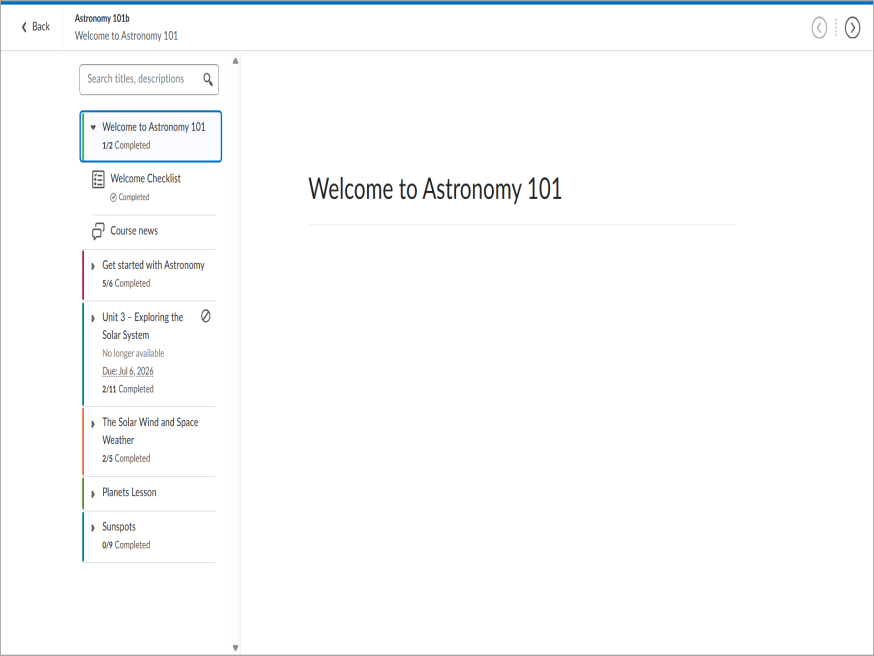 A view of the New Content Experience showing the course table of contents with progress indicators and topic checkmarks