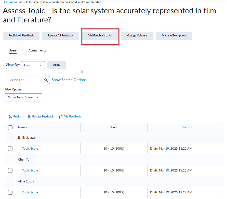 Assess Topic page in Brightspace with 'Add Feedback to All' button highlighted.