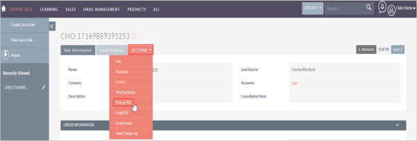 The Actions drop-down menu showing the Print as PDF option