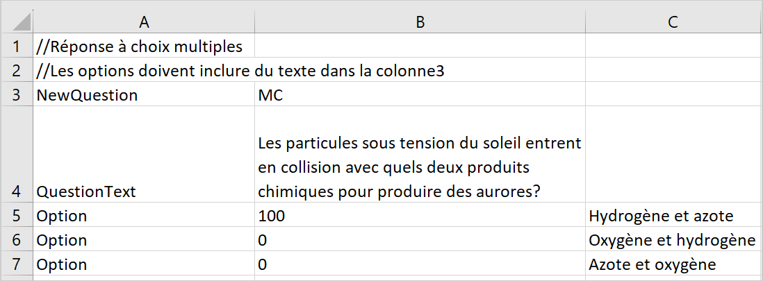 Un exemple de question à choix multiples ajoutée au fichier CSV du modèle.