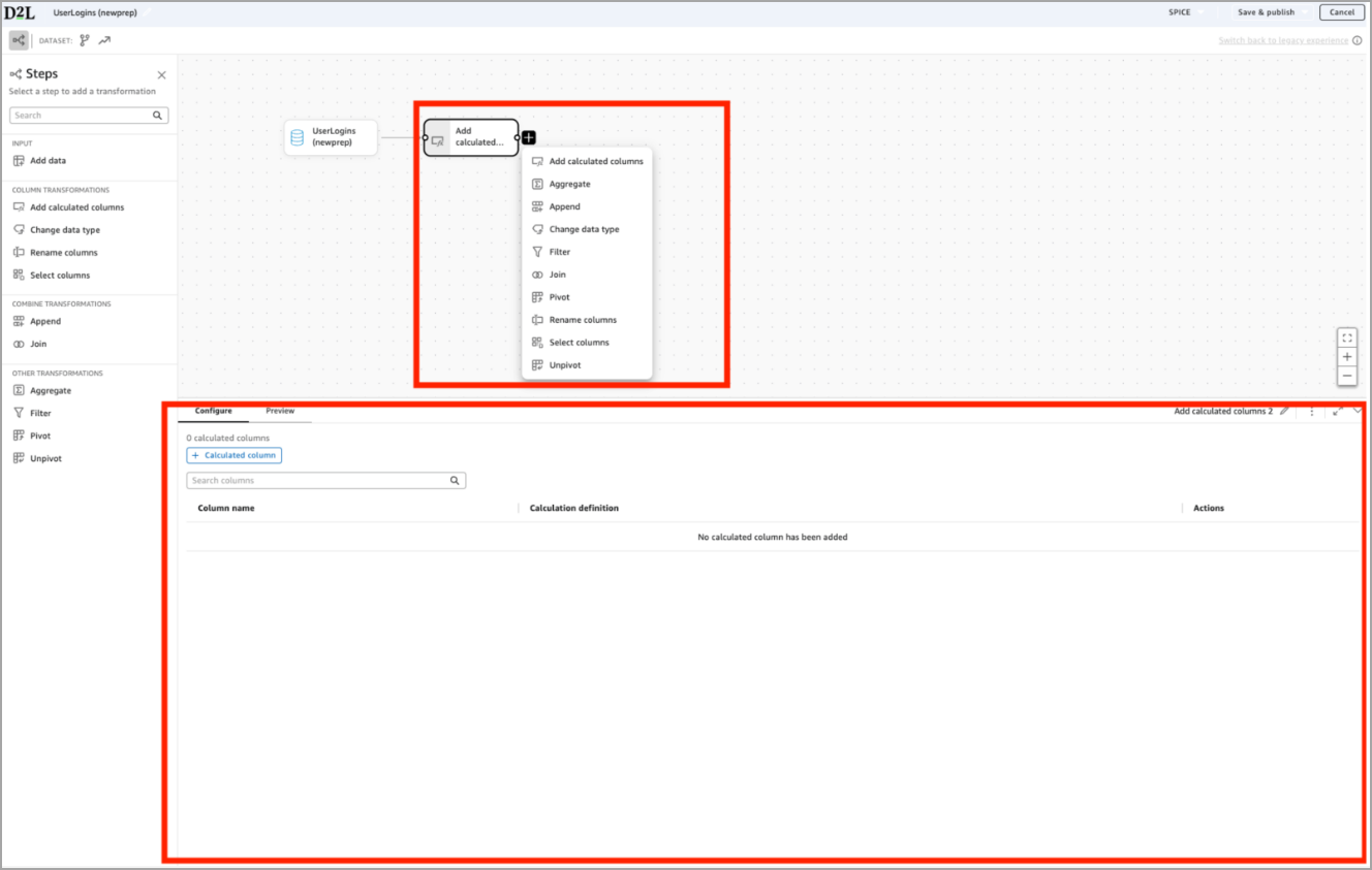 Analytics Builder met stap berekende kolommen toevoegen geselecteerd en nog geen berekende kolommen toegevoegd.