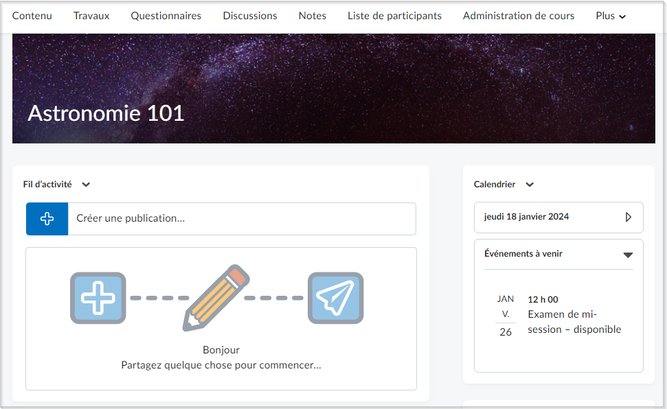 Le composant graphique Fil d’activité à la page d’accueil d’un cours.