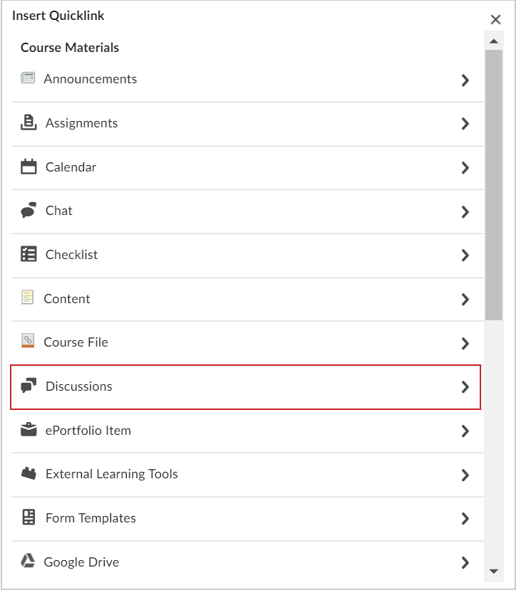 The Insert Quicklink dialog showing the Discussions option.