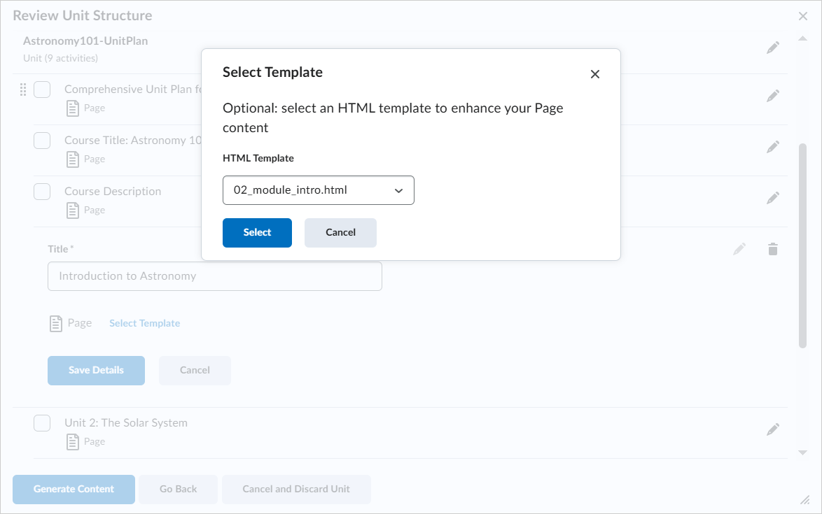 The Select Template dialog. A template is selected from the HTML Template drop-down menu.