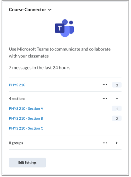 Widget do Course Connector exibindo mensagens e seções do Microsoft Teams