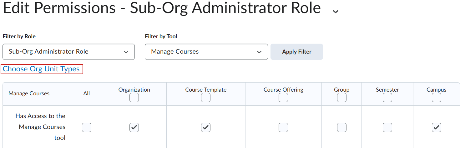 The Edit Permissions page for the Sub-Org Administrator Role. Choose Org Unit Types is highlighted.