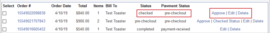 O Status do pedido é definido como marcado e o Status do pagamento é definido como pré-checkout