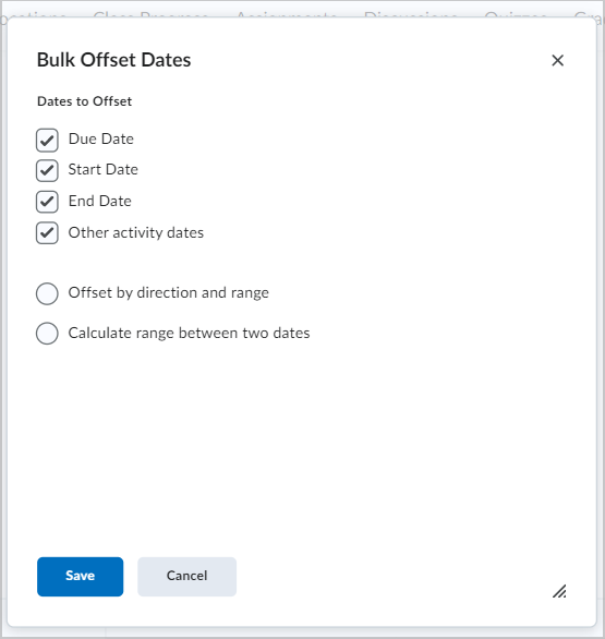 The Bulk Offset Dates dialog.