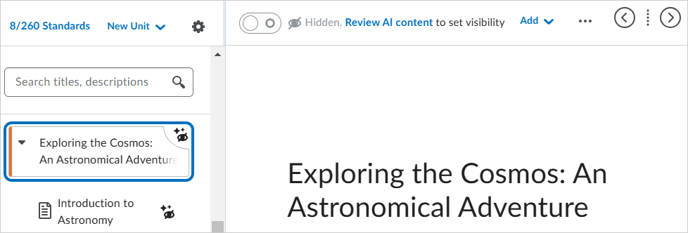 A hidden Unit displayed from Content. A button is displayed called Review AI content.