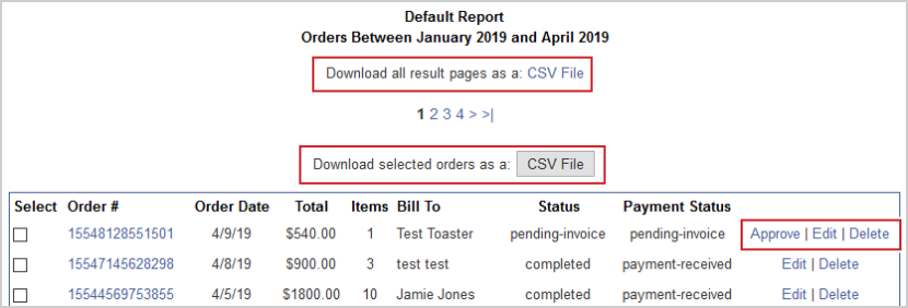 Un informe predeterminado de pedidos de productos en el que se muestran las opciones de descarga de un archivo CSV