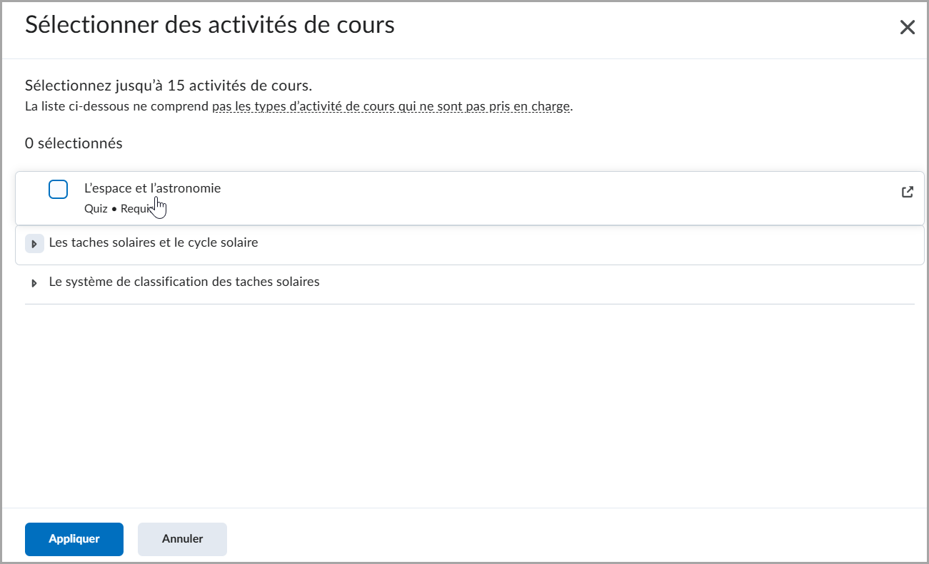Vue du Résumé Lumi affichant les activités du cours.