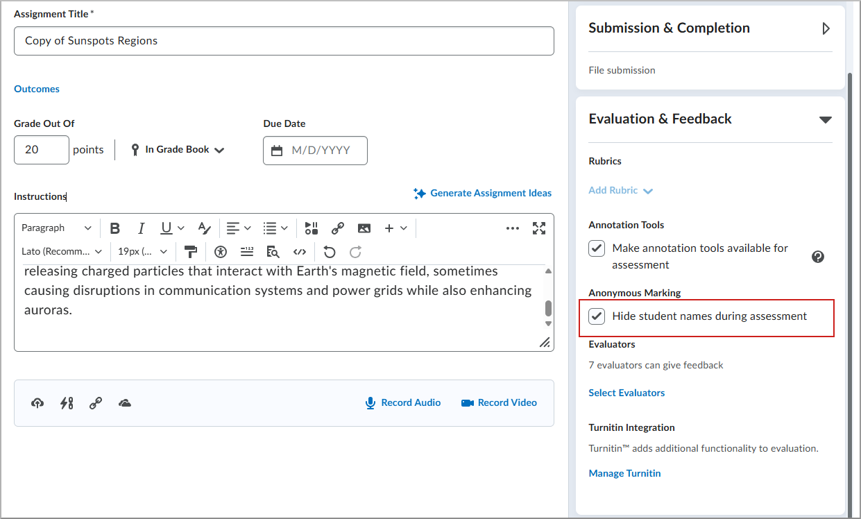 Anonymous marking option in Evaluation & Feedback panel