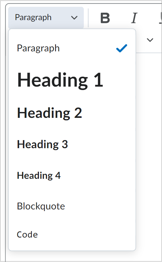 The format options including paragraph, headings, blockquotes, and code