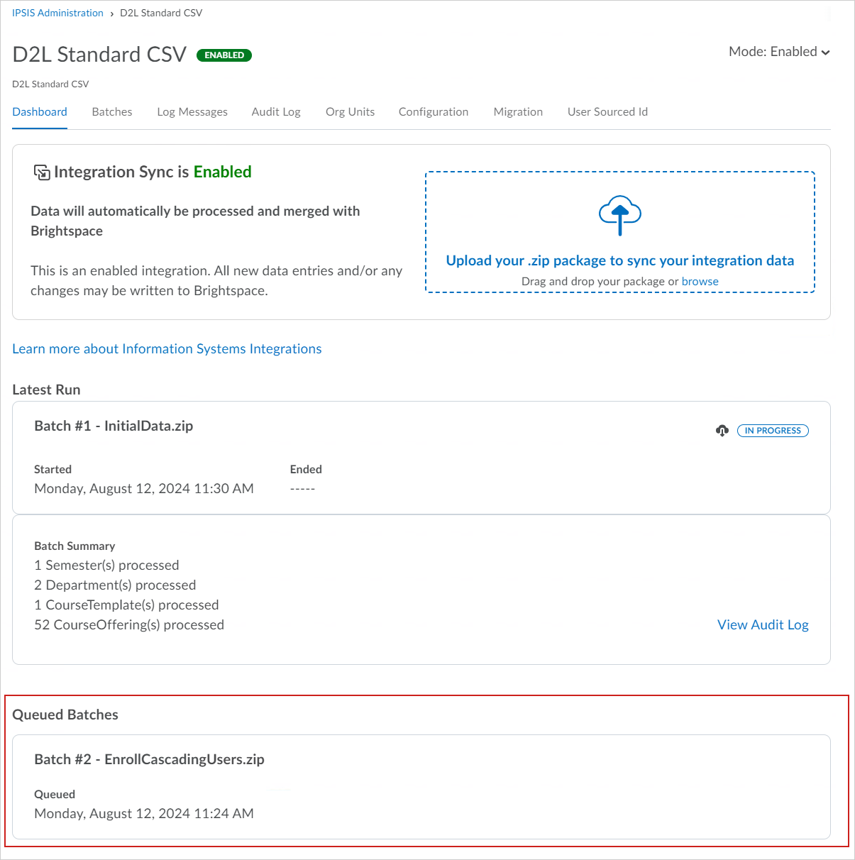 An image of the Queued Batches area of the IPSIS Administration Dashboard.