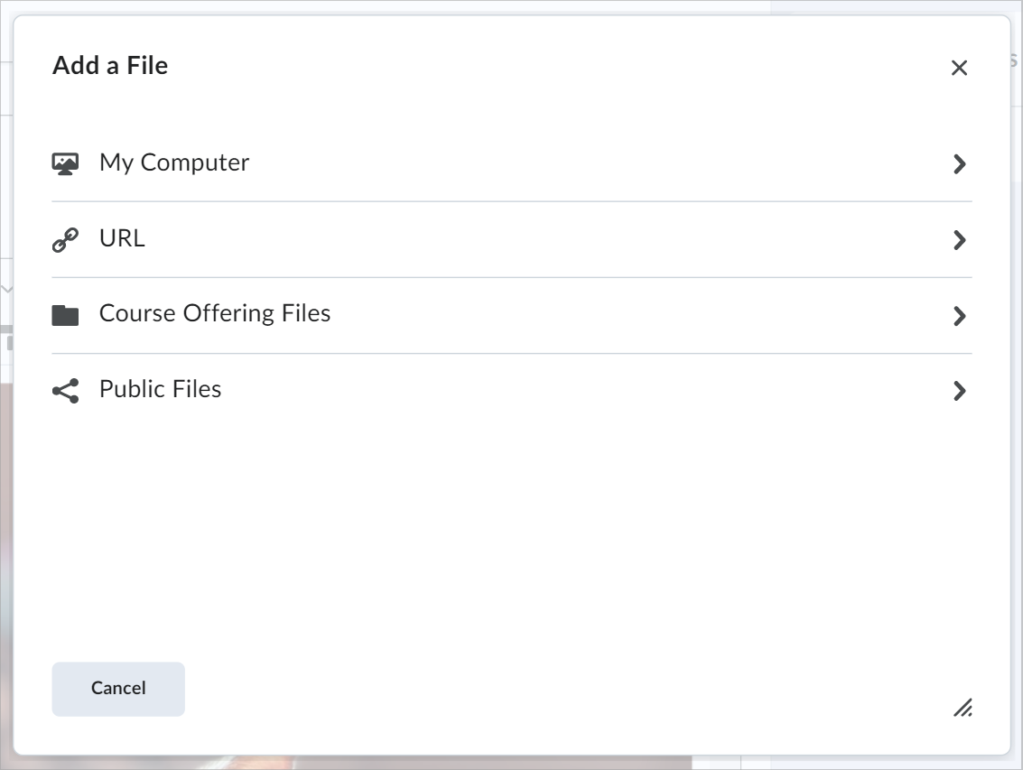 The Add a File dialog showing the My Computer, Course Offering Files, and URL options.