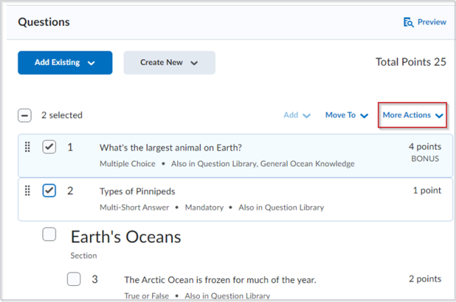 The Questions page in the New Experience, with the More Actions drop-down menu highlighted.