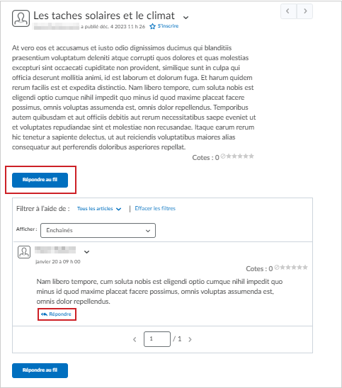 Les options Répondre au fil de discussion et Répondre de l'outil Discussions.