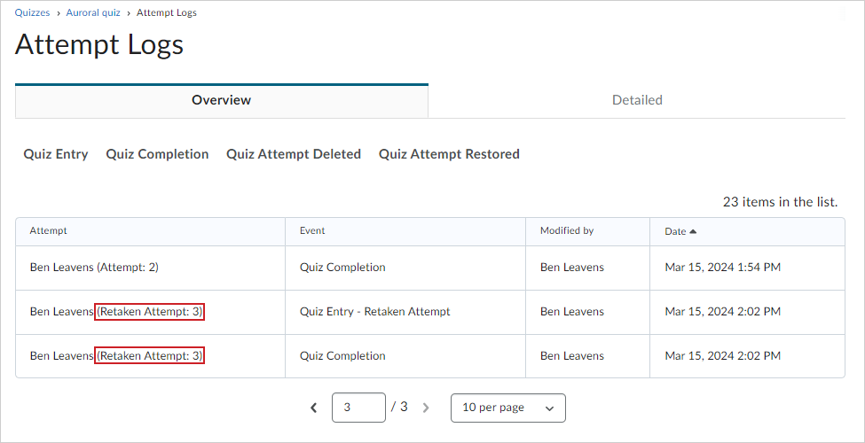 Retaken attempts are noted after the user's name in the Attempt log.