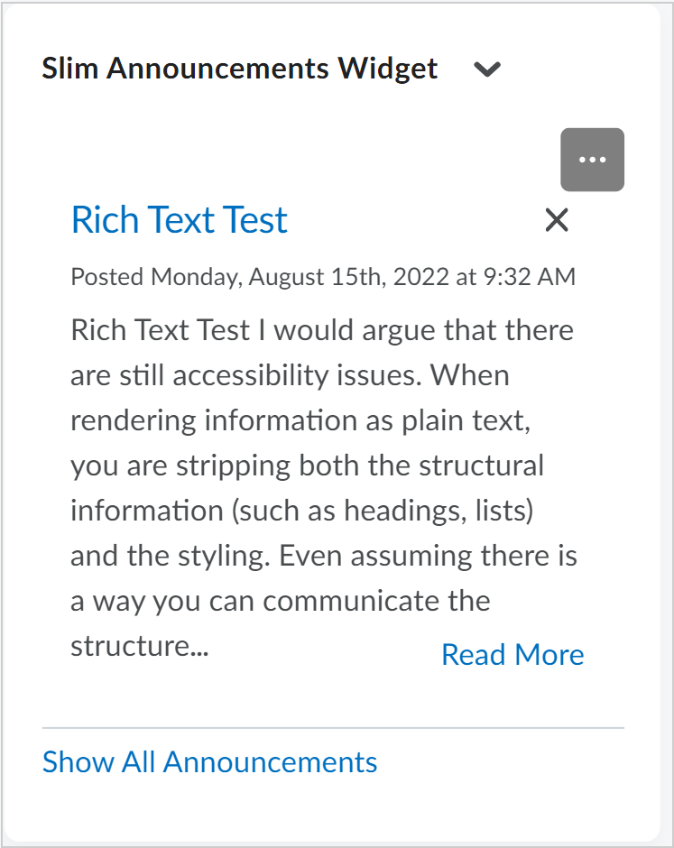 The Slim Announcements widget with the Read More option.