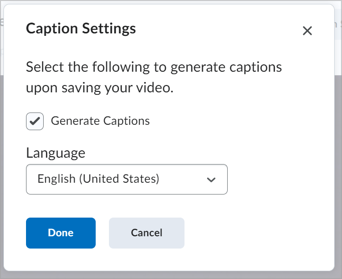 El cuadro de diálogo Configuración de subtítulos que muestra la opción Generar subtítulos marcada y el menú desplegable Idioma que muestra el idioma como inglés de Estados Unidos.